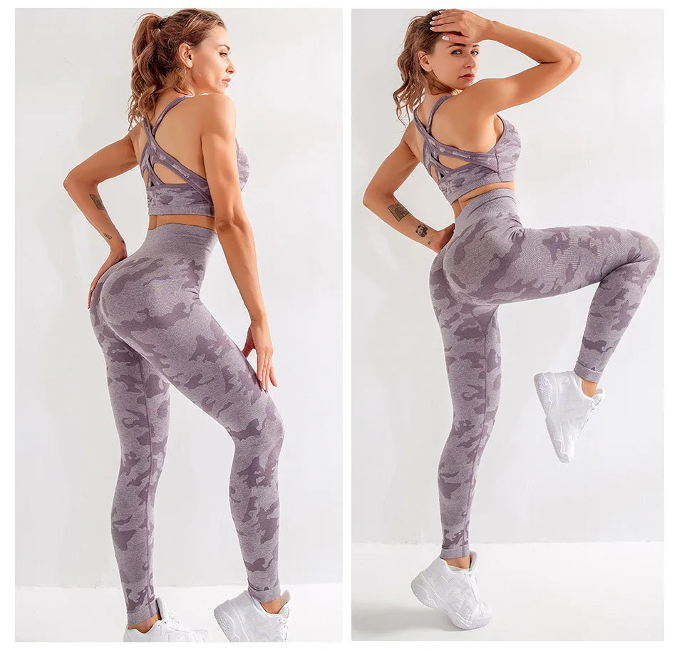 Army Sports Set Seamless Yoga Set Two Piece Set Women Sports Bra Top High Waist Yoga Pants Workout Leggings Sexy Back Gym Clothing