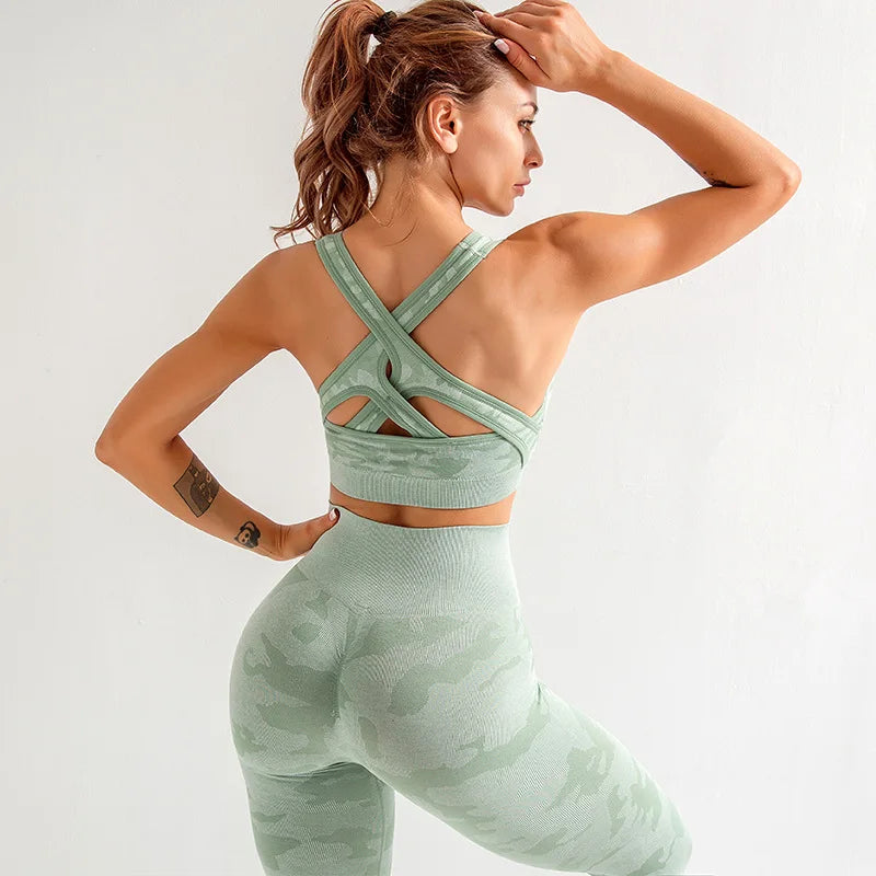 Army Sports Set Seamless Yoga Set Two Piece Set Women Sports Bra Top High Waist Yoga Pants Workout Leggings Sexy Back Gym Clothing