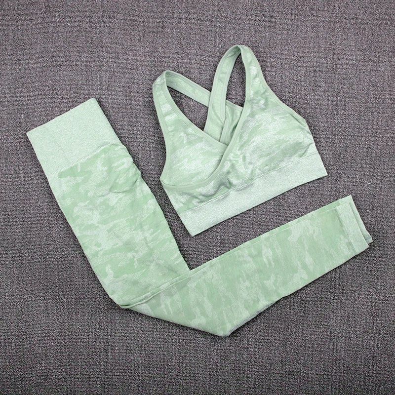 Army Sports Set Seamless Yoga Set Two Piece Set Women Sports Bra Top High Waist Yoga Pants Workout Leggings Sexy Back Gym Clothing