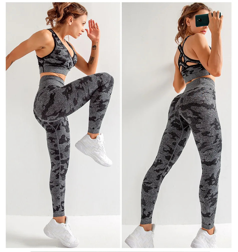 Army Sports Set Seamless Yoga Set Two Piece Set Women Sports Bra Top High Waist Yoga Pants Workout Leggings Sexy Back Gym Clothing