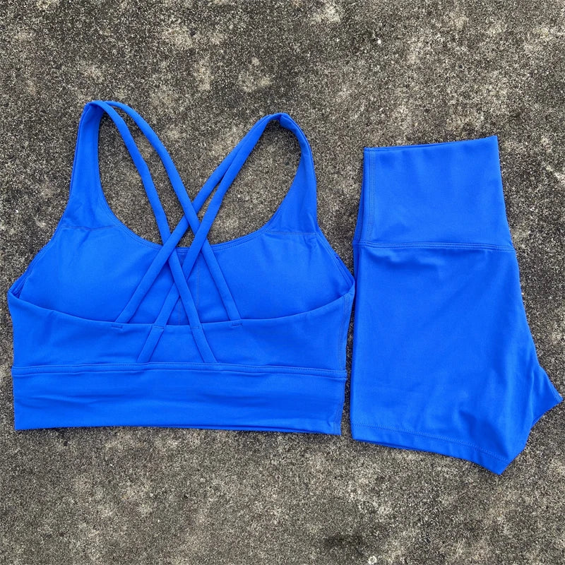 2-PC Set Yoga Shorts Set Gym Sports Set Women Workout Clothes 2 Piece Fitness Suit Cross Straps Bra High Waist Shorts Running Tracksuit