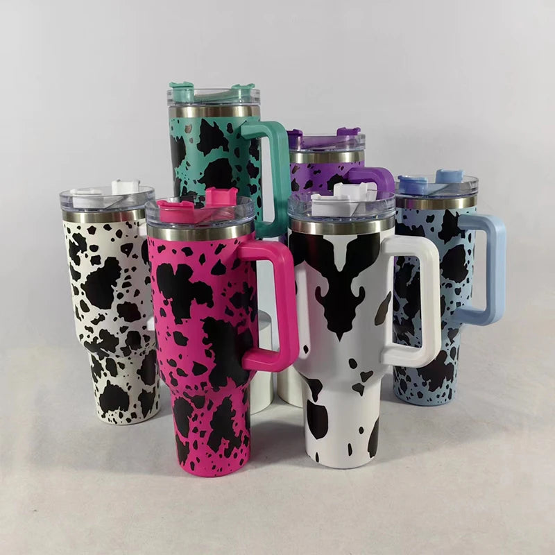 40oz Cow Pattern Thermal Cups with Handle Double Layer Stainl Steel Insulated Water BottleCoffee Cup Travel Portable Car Cups