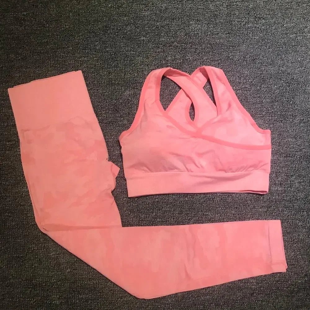 Army Sports Set Seamless Yoga Set Two Piece Set Women Sports Bra Top High Waist Yoga Pants Workout Leggings Sexy Back Gym Clothing