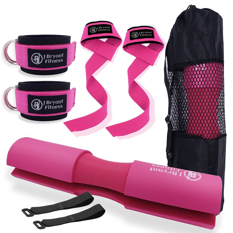Barbell Squat Pad Set | Home Gym | Work Out Equipment | Accessories with Weight Lifting Strap | Ankle Strap for Cable Machine | Hip Thrust Pad