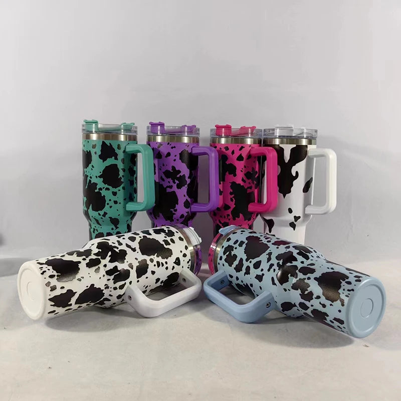40oz Cow Pattern Thermal Cups with Handle Double Layer Stainl Steel Insulated Water BottleCoffee Cup Travel Portable Car Cups