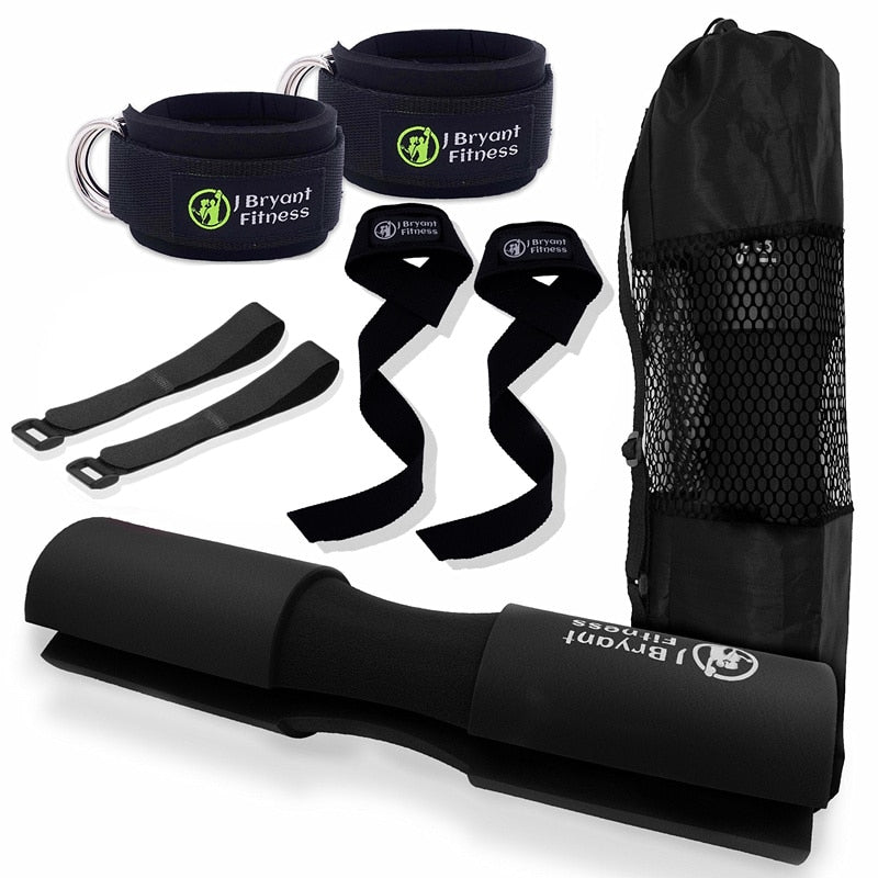 Barbell Squat Pad Set | Home Gym | Work Out Equipment | Accessories with Weight Lifting Strap | Ankle Strap for Cable Machine | Hip Thrust Pad