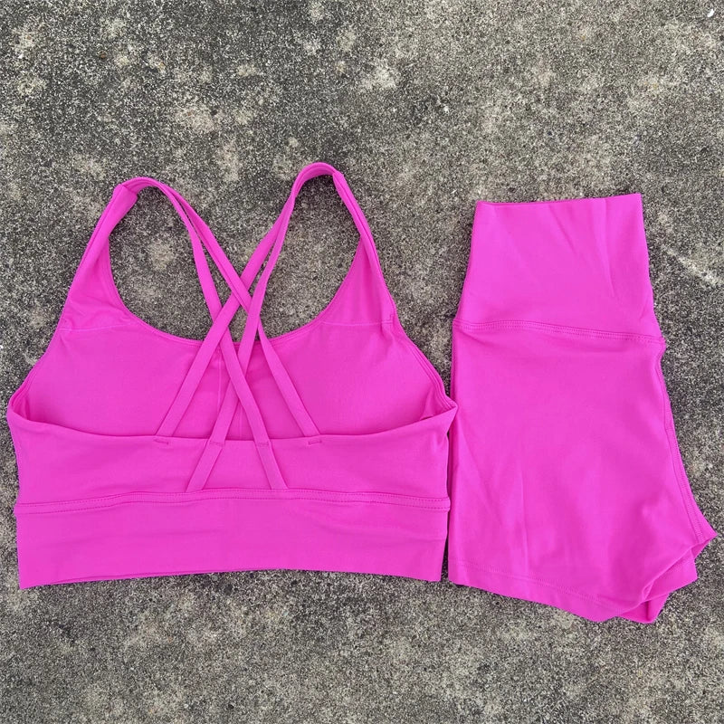 2-PC Set Yoga Shorts Set Gym Sports Set Women Workout Clothes 2 Piece Fitness Suit Cross Straps Bra High Waist Shorts Running Tracksuit