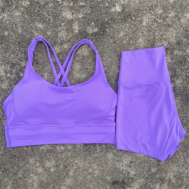 2-PC Set Yoga Shorts Set Gym Sports Set Women Workout Clothes 2 Piece Fitness Suit Cross Straps Bra High Waist Shorts Running Tracksuit