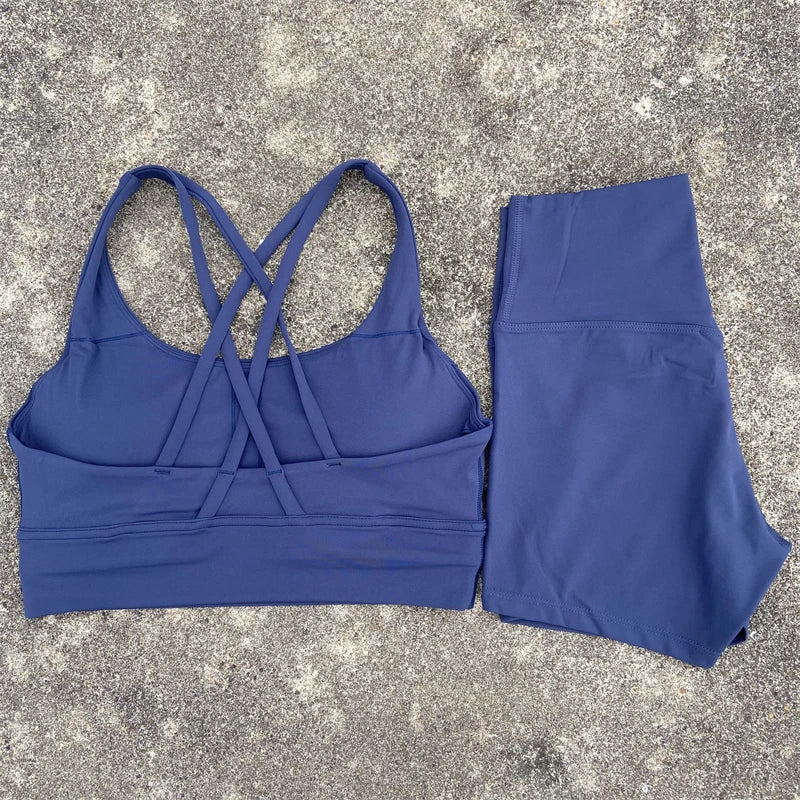 2-PC Set Yoga Shorts Set Gym Sports Set Women Workout Clothes 2 Piece Fitness Suit Cross Straps Bra High Waist Shorts Running Tracksuit