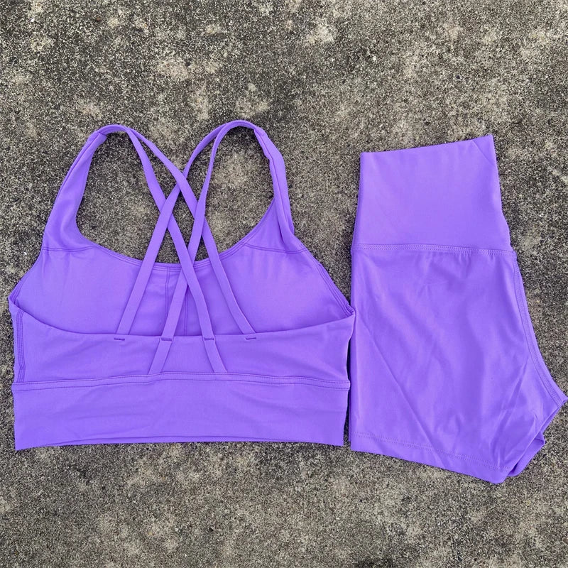 2-PC Set Yoga Shorts Set Gym Sports Set Women Workout Clothes 2 Piece Fitness Suit Cross Straps Bra High Waist Shorts Running Tracksuit