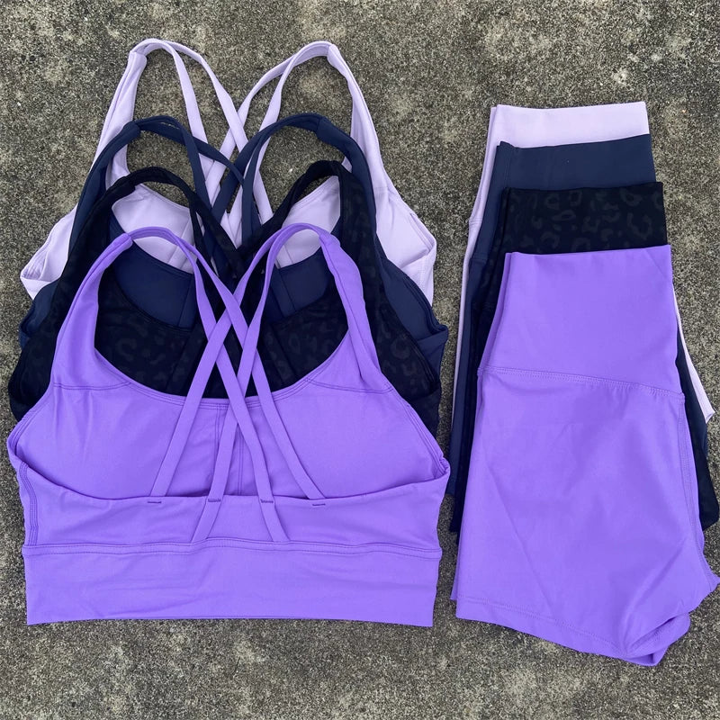 2-PC Set Yoga Shorts Set Gym Sports Set Women Workout Clothes 2 Piece Fitness Suit Cross Straps Bra High Waist Shorts Running Tracksuit
