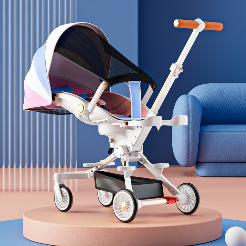 High view lightweight baby stroller, bidirectional four wheels, cart fold. Can sit or lie down. Baby stroller with baby comfort!