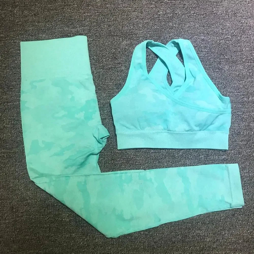 Army Sports Set Seamless Yoga Set Two Piece Set Women Sports Bra Top High Waist Yoga Pants Workout Leggings Sexy Back Gym Clothing