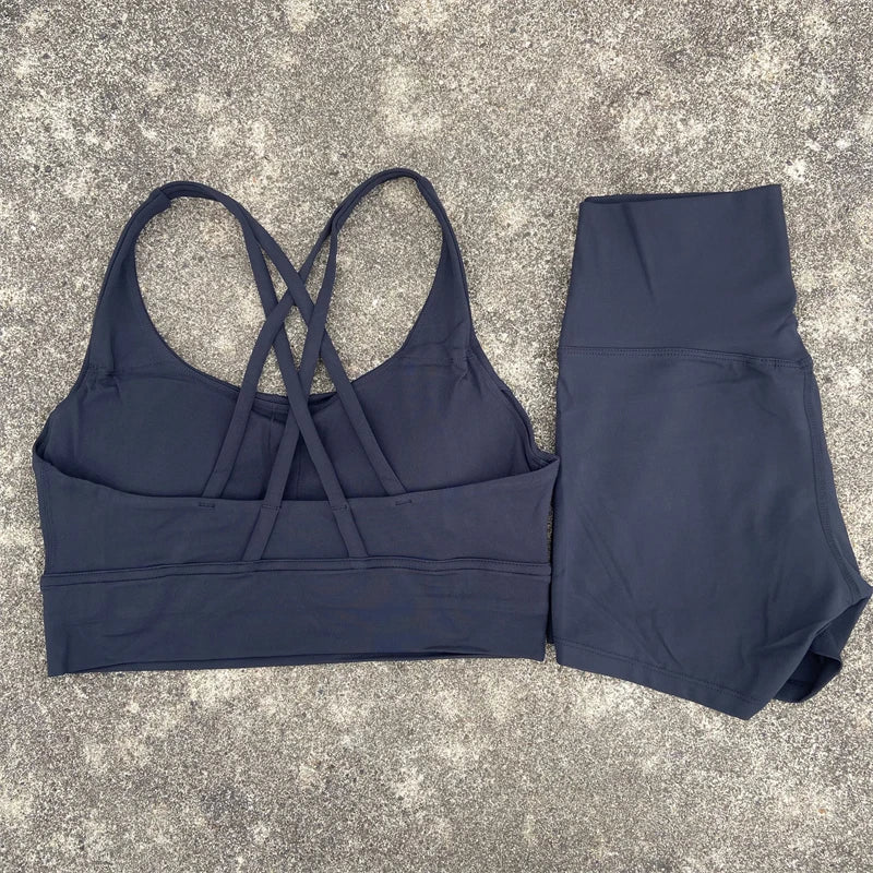 2-PC Set Yoga Shorts Set Gym Sports Set Women Workout Clothes 2 Piece Fitness Suit Cross Straps Bra High Waist Shorts Running Tracksuit
