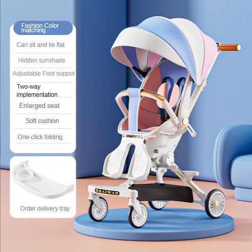 High view lightweight baby stroller, bidirectional four wheels, cart fold. Can sit or lie down. Baby stroller with baby comfort!