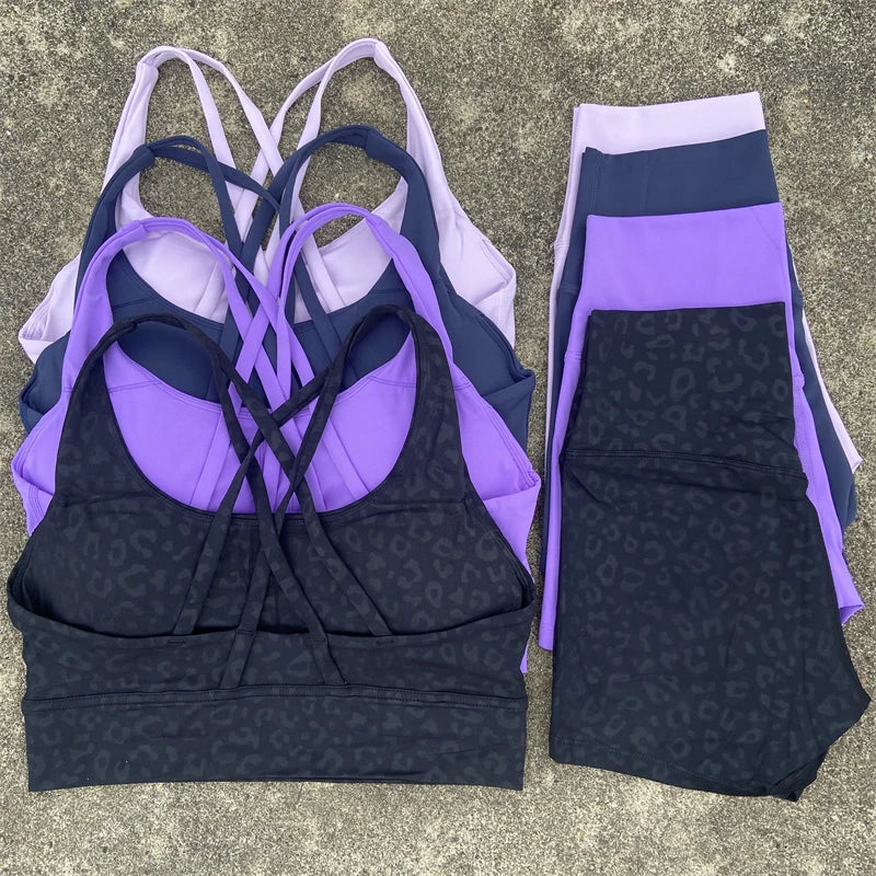 2-PC Set Yoga Shorts Set Gym Sports Set Women Workout Clothes 2 Piece Fitness Suit Cross Straps Bra High Waist Shorts Running Tracksuit