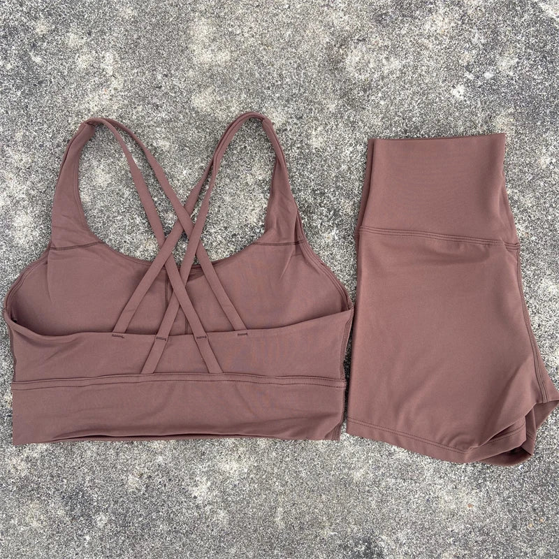 2-PC Set Yoga Shorts Set Gym Sports Set Women Workout Clothes 2 Piece Fitness Suit Cross Straps Bra High Waist Shorts Running Tracksuit