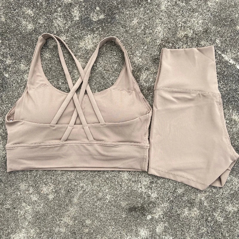 2-PC Set Yoga Shorts Set Gym Sports Set Women Workout Clothes 2 Piece Fitness Suit Cross Straps Bra High Waist Shorts Running Tracksuit