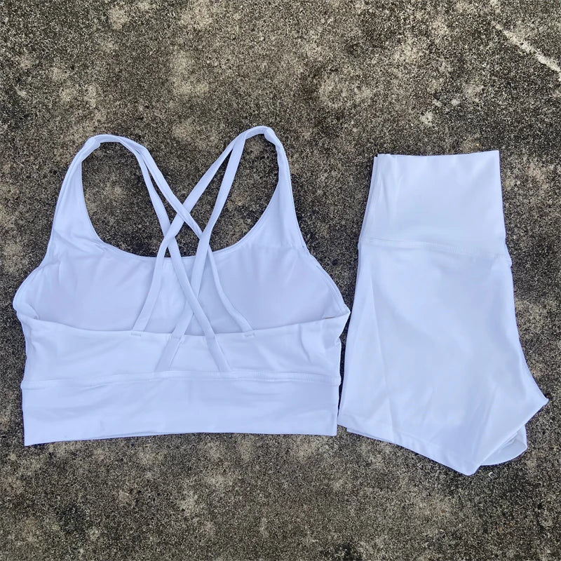 2-PC Set Yoga Shorts Set Gym Sports Set Women Workout Clothes 2 Piece Fitness Suit Cross Straps Bra High Waist Shorts Running Tracksuit