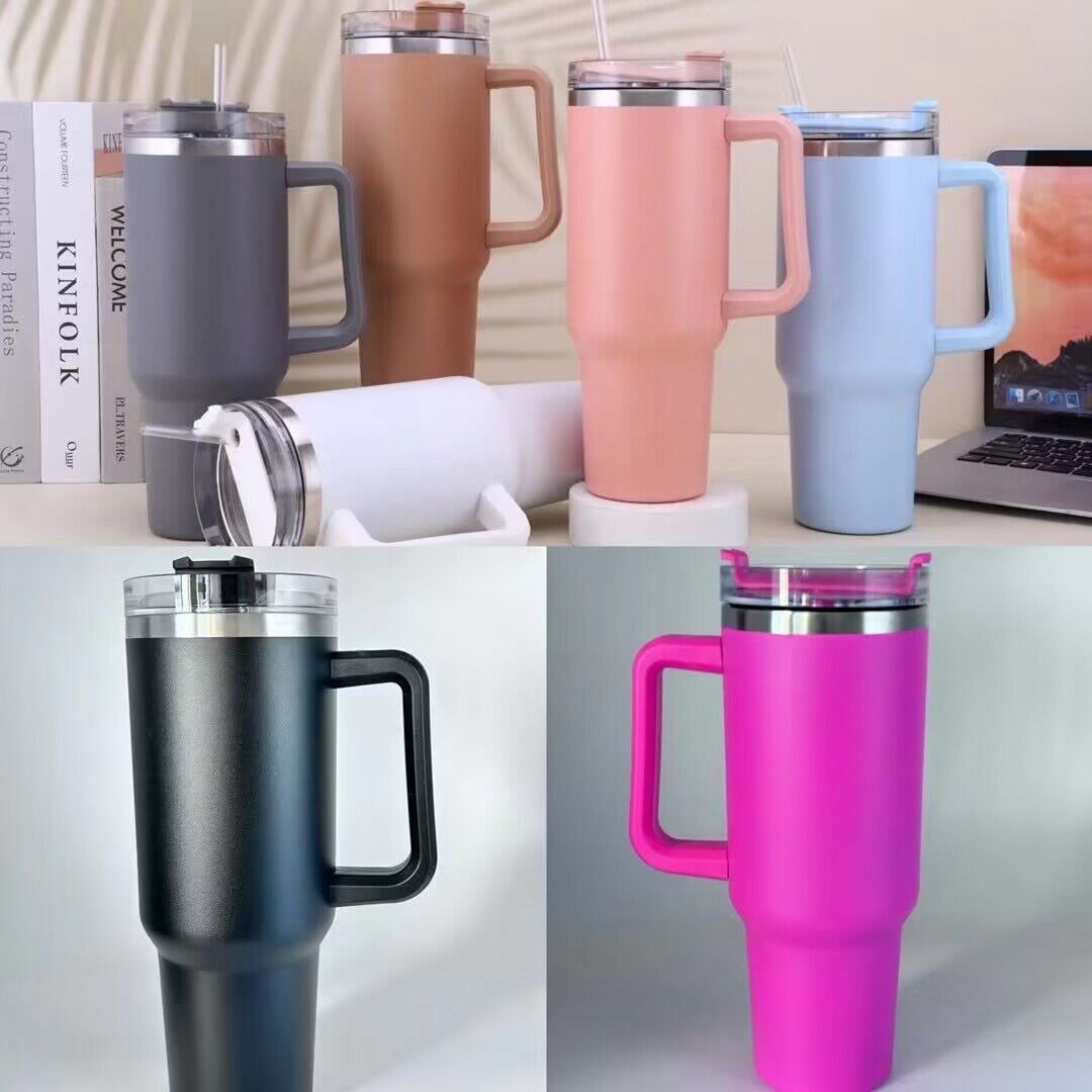 40oz Tumbler Solid Colors w/ Handle | Insulated Tumbler With Lids | Straw | Stainless Steel Coffee Tumbler | Termos Cup