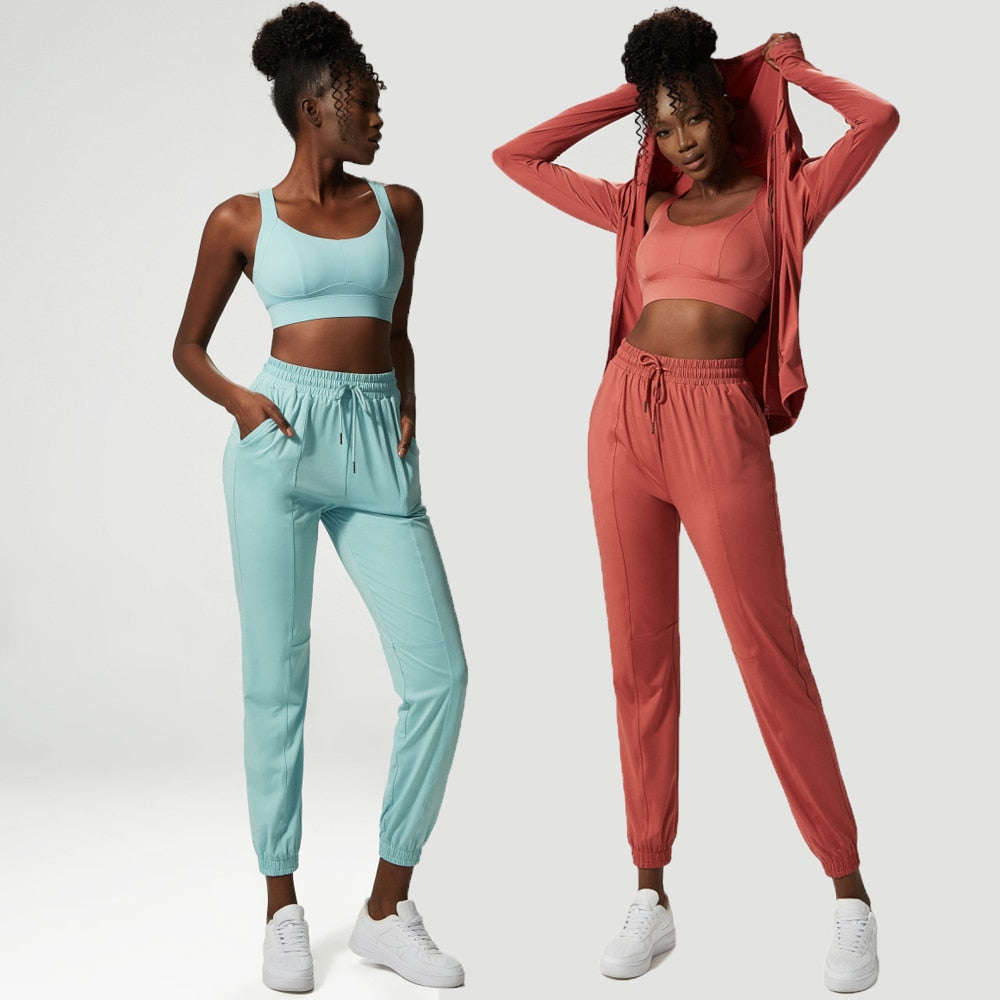 2 & 3-Piece Yoga Set | Women's Breathable Loose Fitness Suit | Zipper Jacket | Sexy Bra | Jogger Pants |Female Gym Clothing Sportswear