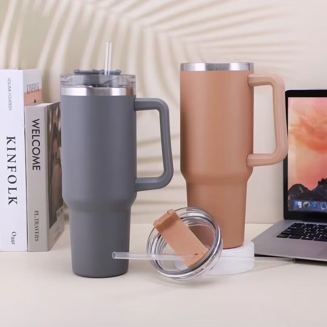 40oz Tumbler Solid Colors w/ Handle | Insulated Tumbler With Lids | Straw | Stainless Steel Coffee Tumbler | Termos Cup