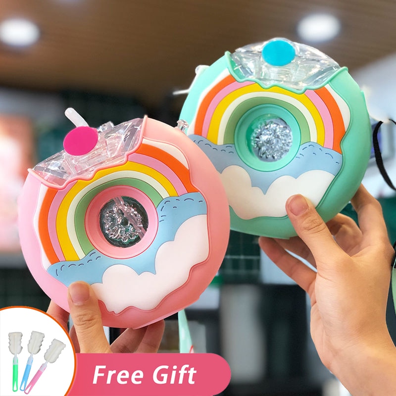 380ml Donut Straw Tumbler | Cute Water Bottle For Kids | Travel Plastic Mug Kids Cartoon Kawaii Cup | Portable Sport Drinking Cup