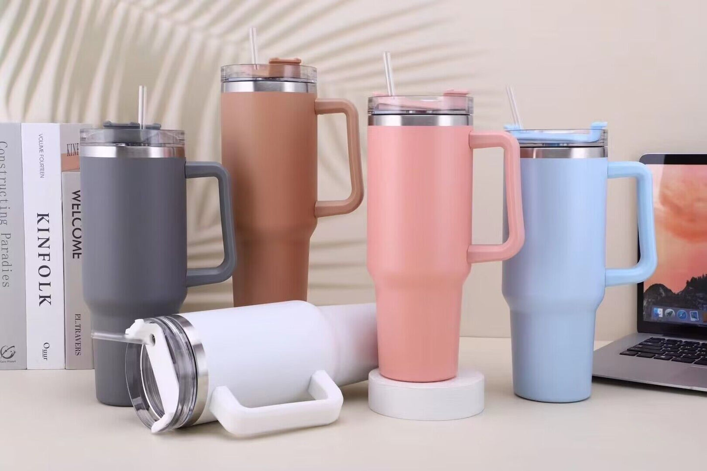 40oz Tumbler Solid Colors w/ Handle | Insulated Tumbler With Lids | Straw | Stainless Steel Coffee Tumbler | Termos Cup
