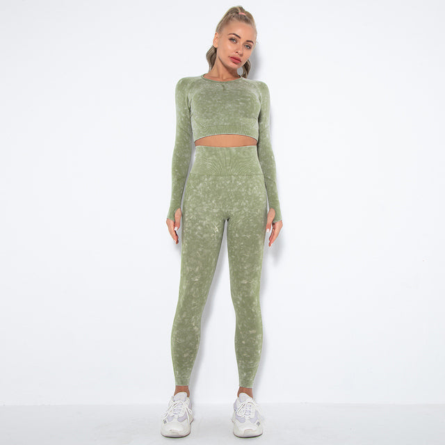 Long Sleeve Burnout Seamless Set - 2 Piece Gym Sets - Women's Outfits - Yoga Seamless Sport Bra Push Up - Fitness Leggings - Sports Tights