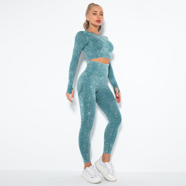 Long Sleeve Burnout Seamless Set - 2 Piece Gym Sets - Women's Outfits - Yoga Seamless Sport Bra Push Up - Fitness Leggings - Sports Tights