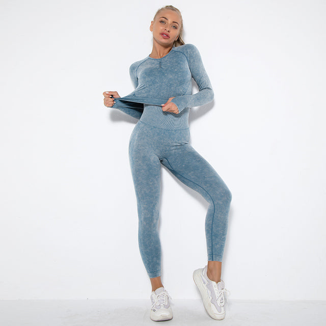 Long Sleeve Burnout Seamless Set - 2 Piece Gym Sets - Women's Outfits - Yoga Seamless Sport Bra Push Up - Fitness Leggings - Sports Tights