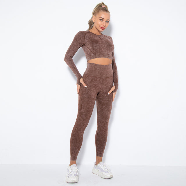 Long Sleeve Burnout Seamless Set - 2 Piece Gym Sets - Women's Outfits - Yoga Seamless Sport Bra Push Up - Fitness Leggings - Sports Tights