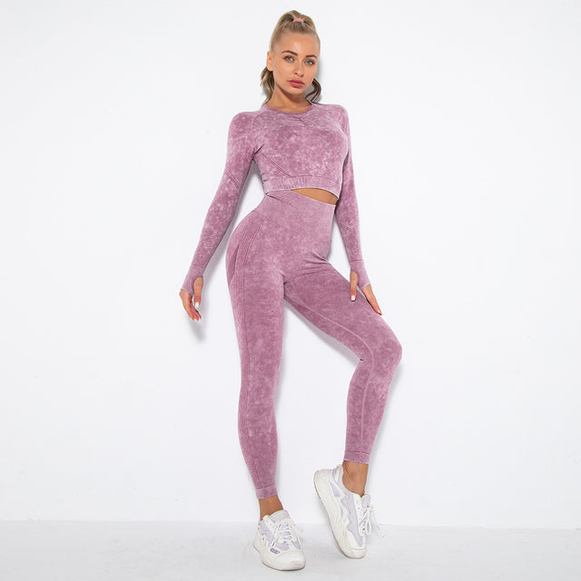 Long Sleeve Burnout Seamless Set - 2 Piece Gym Sets - Women's Outfits - Yoga Seamless Sport Bra Push Up - Fitness Leggings - Sports Tights
