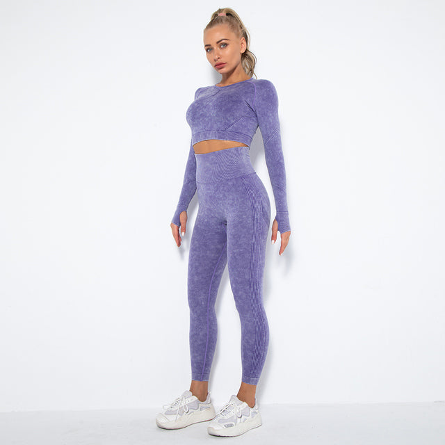 Long Sleeve Burnout Seamless Set - 2 Piece Gym Sets - Women's Outfits - Yoga Seamless Sport Bra Push Up - Fitness Leggings - Sports Tights