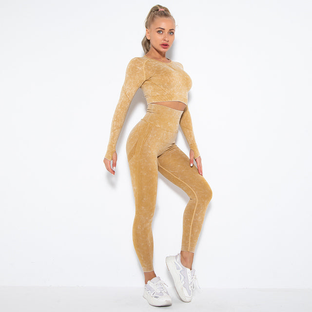 Long Sleeve Burnout Seamless Set - 2 Piece Gym Sets - Women's Outfits - Yoga Seamless Sport Bra Push Up - Fitness Leggings - Sports Tights