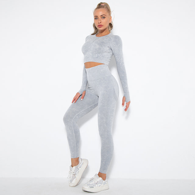 Long Sleeve Burnout Seamless Set - 2 Piece Gym Sets - Women's Outfits - Yoga Seamless Sport Bra Push Up - Fitness Leggings - Sports Tights
