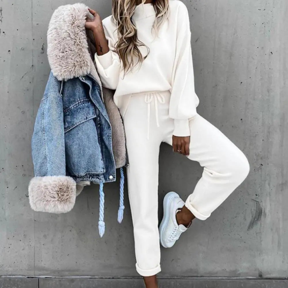 Women Elegant Solid Sets For Women Turtleneck Warm Sweatshirts Long Pant Fashion Two Piece Sets Ladies Lace Up Sweatshirt Suits