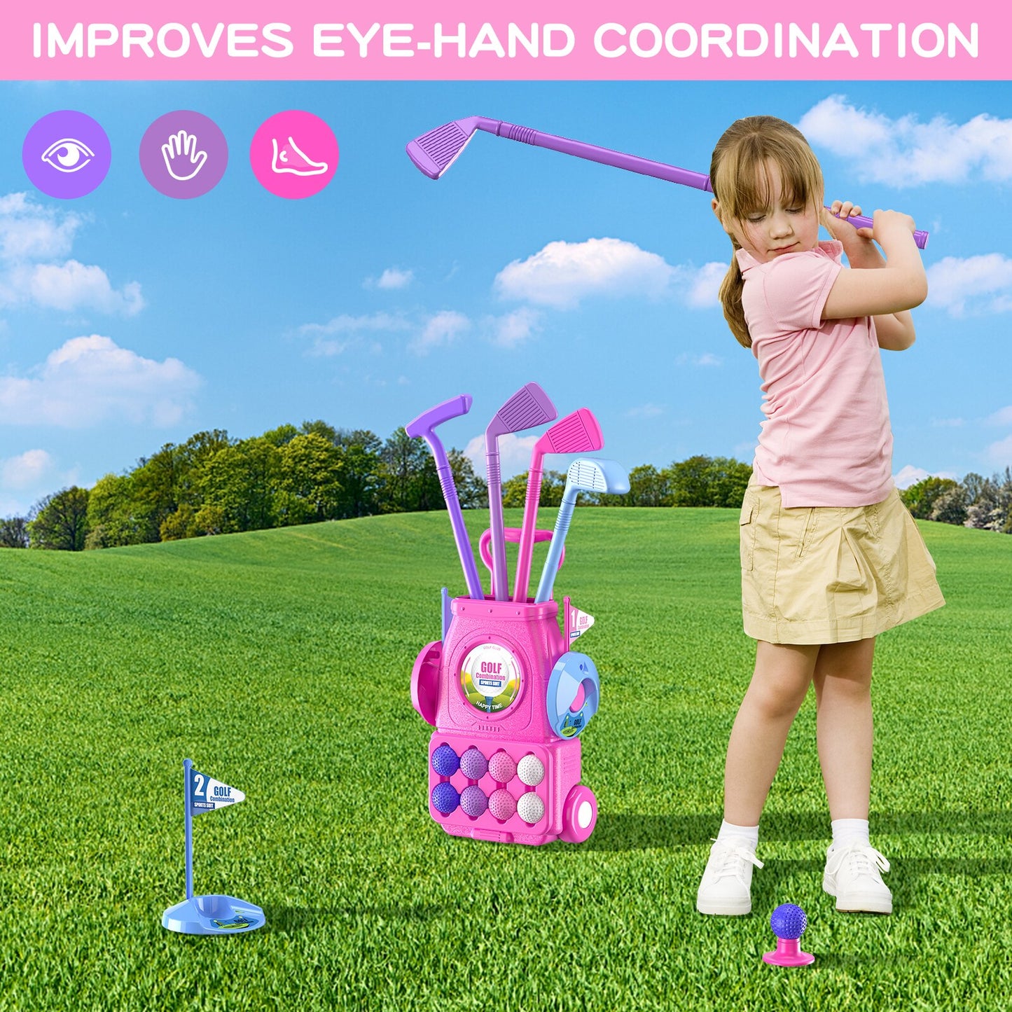 Pink Toddler Golf Set | Kids Golf Clubs with 6 Balls 4 Golf Sticks, 2 Practice Holes and a Putting Mat | Girl Toys for 2 3 4 5+ Years Old