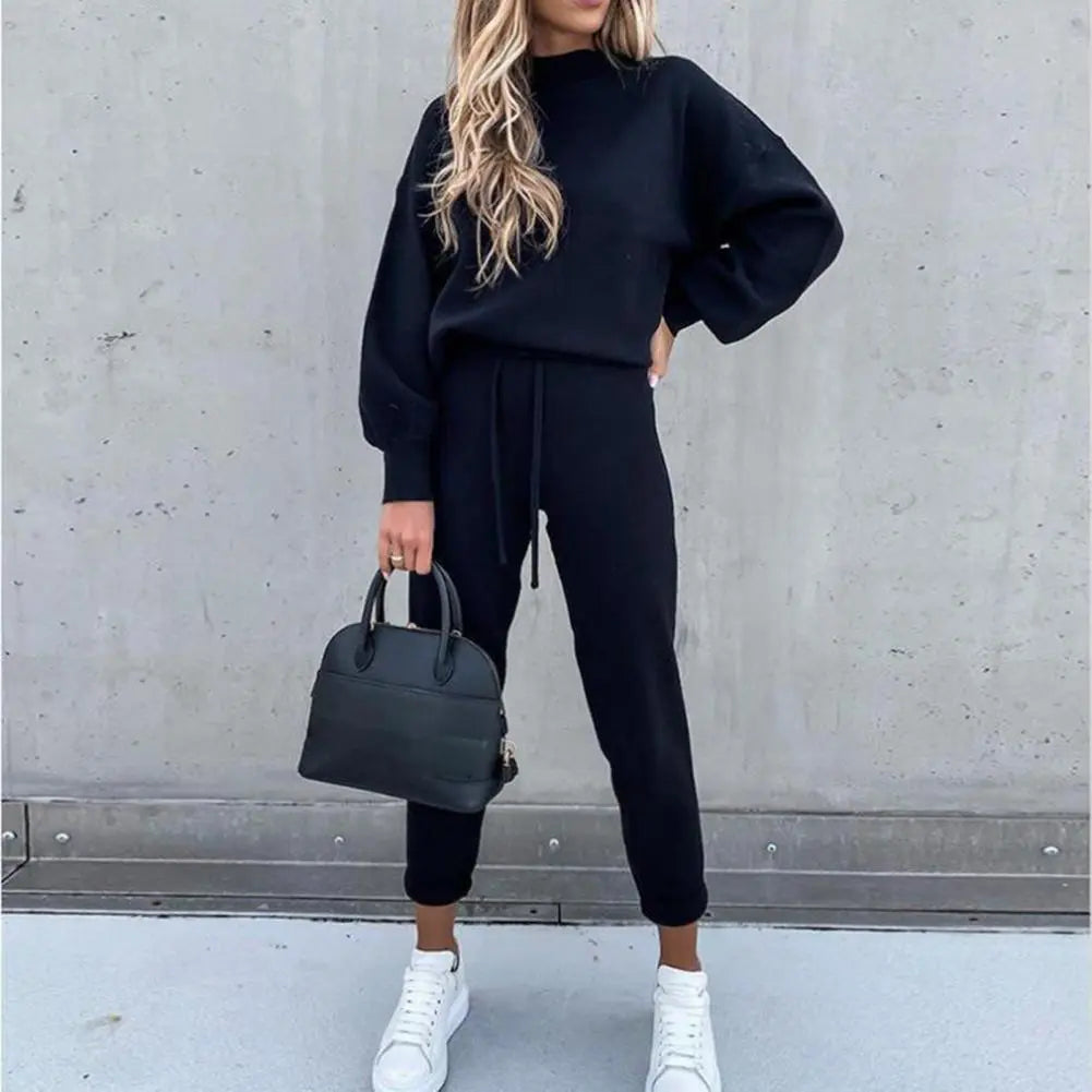 Women Elegant Solid Sets For Women Turtleneck Warm Sweatshirts Long Pant Fashion Two Piece Sets Ladies Lace Up Sweatshirt Suits