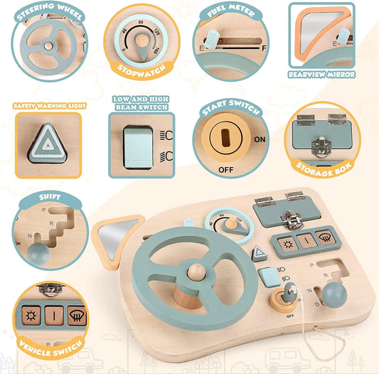 Montessori Toy Steering Wheel Wooden Busy Board Wooden Sensory Toys for Toddlers Preschool Travel Learning Activities