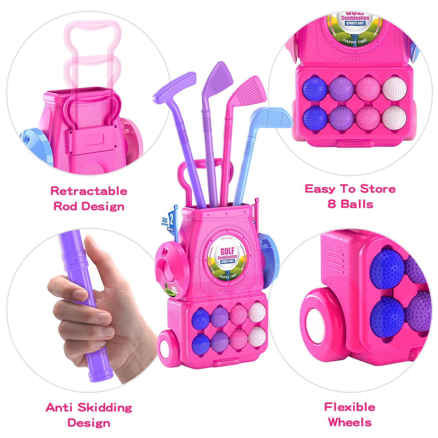 Pink Toddler Golf Set | Kids Golf Clubs with 6 Balls 4 Golf Sticks, 2 Practice Holes and a Putting Mat | Girl Toys for 2 3 4 5+ Years Old