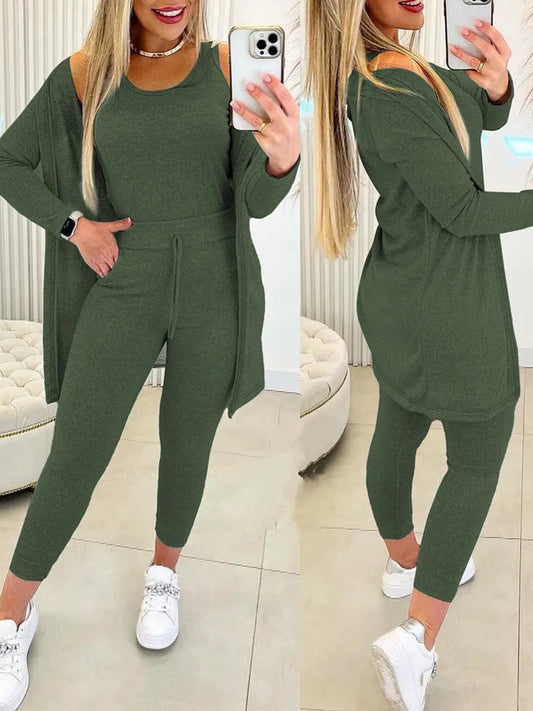 Fall Three Piece Set Casual Tank Top & Drawstring Pants Set & Coat Pants Sets Women Suits Long Matching 3 Pieces Sportswear