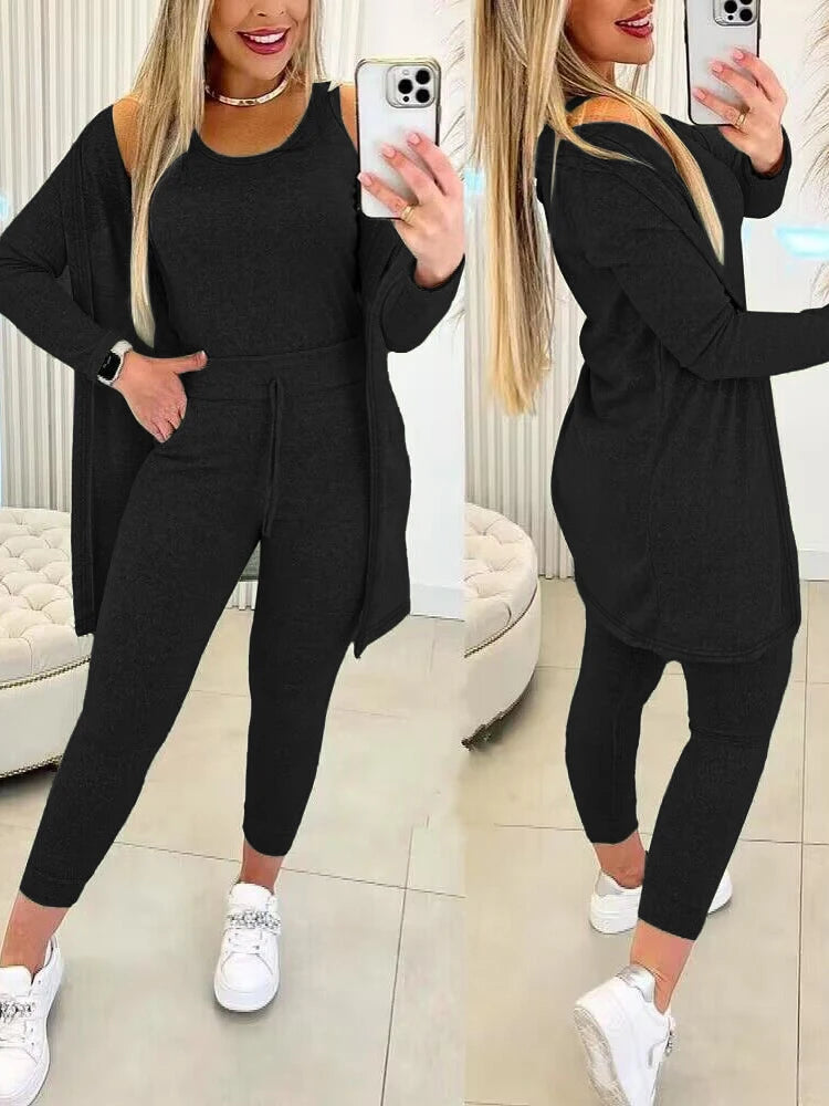 Fall Three Piece Set Casual Tank Top & Drawstring Pants Set & Coat Pants Sets Women Suits Long Matching 3 Pieces Sportswear