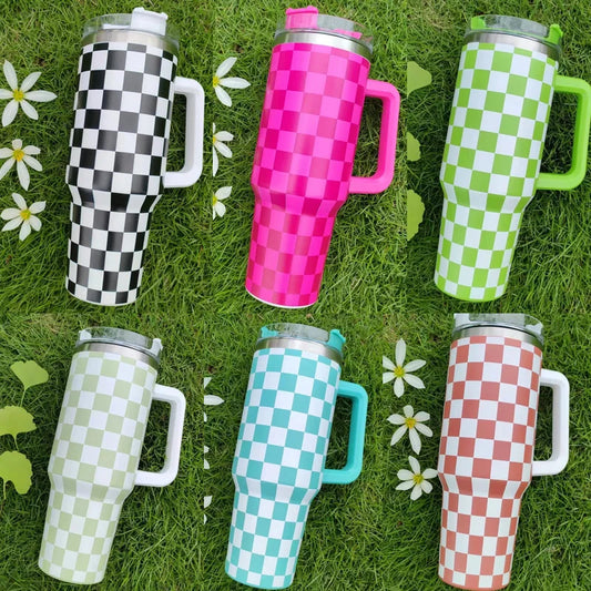 40oz Stainless Steel Checkerboard Grid Thermos with Handle and Straw Lid Coffee Tumbler Cup Car Mug Vacuum Cup Keep Ice and Cold