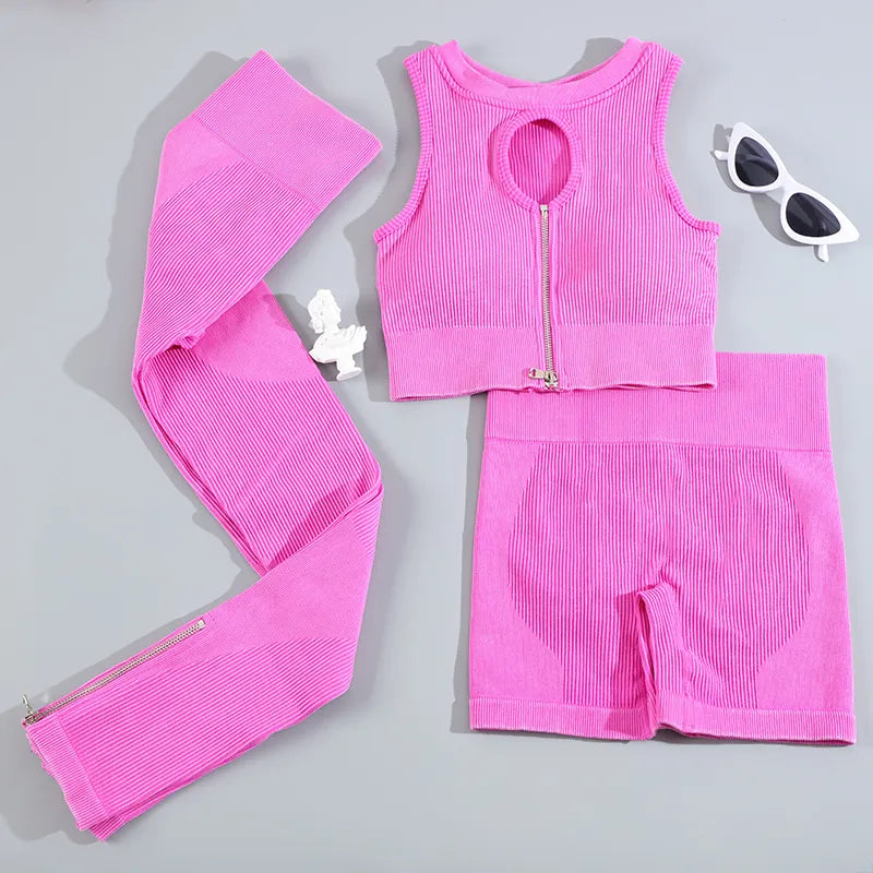 2-3 Set Wash Rib Yoga Suit for Women Seamless Sports Set  Zipper Running Bra with Butt Lift Scrunch Cycling Shorts Gym Outfit