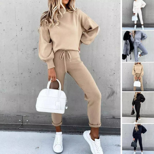 Women Elegant Solid Sets For Women Turtleneck Warm Sweatshirts Long Pant Fashion Two Piece Sets Ladies Lace Up Sweatshirt Suits