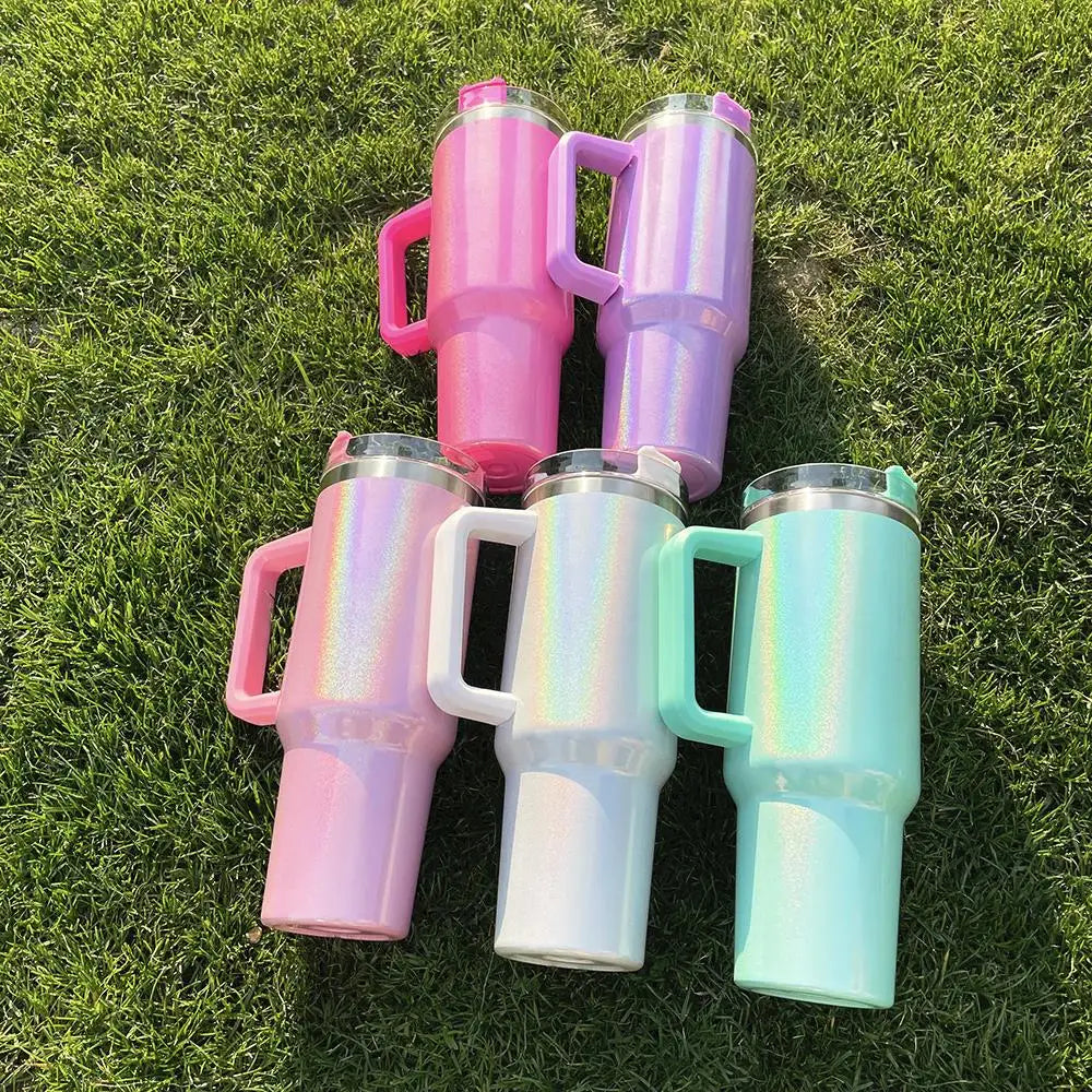 40oz Glitter Blank Sublimation Shimmer Holographic Rainbow Tumbler Insulated Mug With Handle For Hot Print Stainless Steel Cup