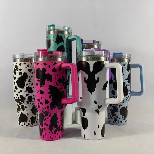 40oz Cow Pattern Thermal Cups with Handle Double Layer Stainl Steel Insulated Water BottleCoffee Cup Travel Portable Car Cups