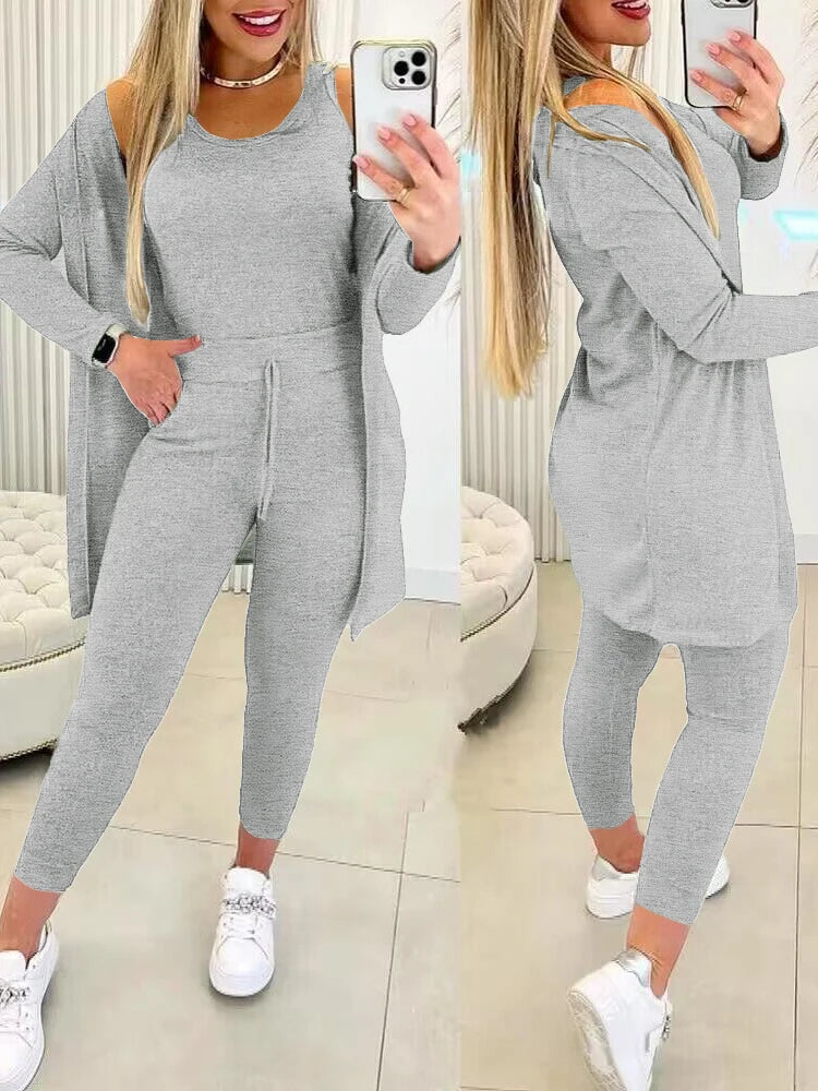 Fall Three Piece Set Casual Tank Top & Drawstring Pants Set & Coat Pants Sets Women Suits Long Matching 3 Pieces Sportswear