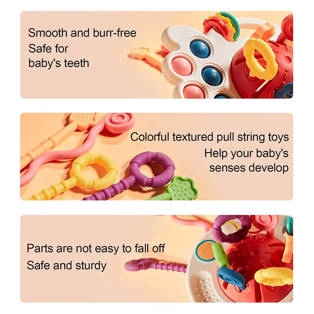 Montessori Baby Sensory Toys Silicone Pull String Toy for 0 12 Months Teething Toy Motor Skill Activity Toys for 1-3 Year Babies